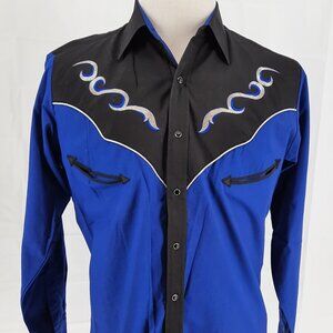 Ely Cattleman Rodeo Western Blue Shirt Men's Size M Roping Cowboy Black Snap